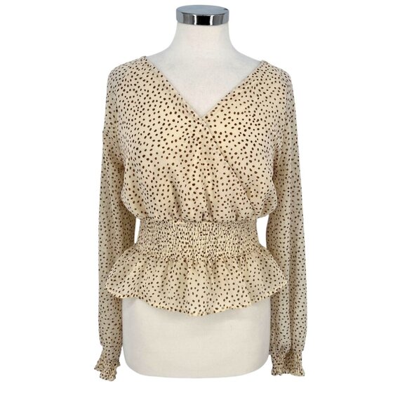 Japna Polka Dot Faux Wrap Blouse Smocked Waist Cream Beige Size Medium - Picture 1 of 8